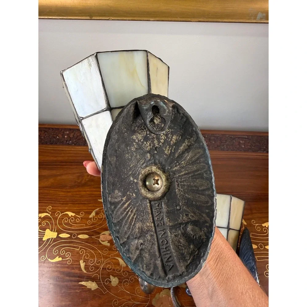 Vintage Stained Glass Rose Wall Sconces Pair Votive Candle Holders Tiffany Style